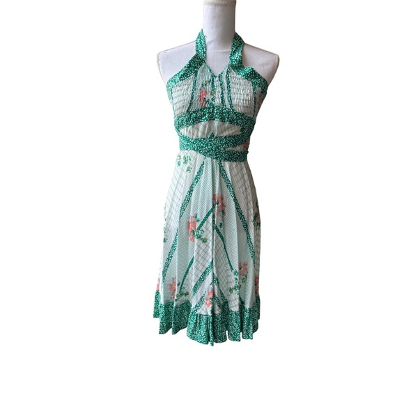 Vintage Dresses & Skirts - Vintage 70s Green Floral Halter Dress Cutout Smocked Bust Cottagecore S